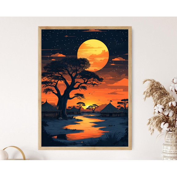 Landscape Sudanese Art Flat Vector Illustration Baobab Tree Poster , Poster Print Only