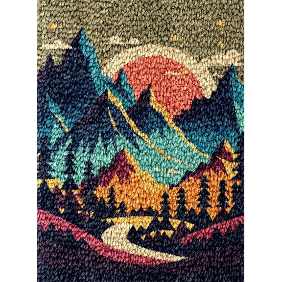 Landscape of Sunset Mountain Tree Latch Hook Rug Kit for Adults DIY Carpet Cushion with Canvas Crochet Yarn Craft Hook and Latch Tapestry for Home Decor Pets Warm Pads 60x40cm