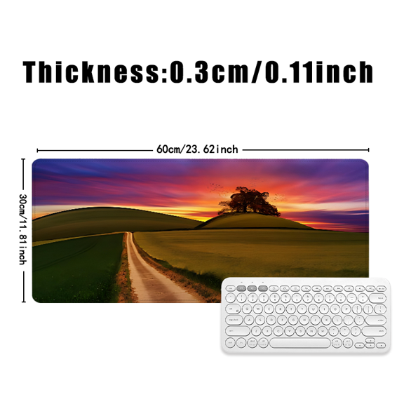 Landscape Sunset Mouse Pad 31.5 x 11.82 Inches Rubber Desk Mat with Rural Road and Tree Design for Office and Home Use