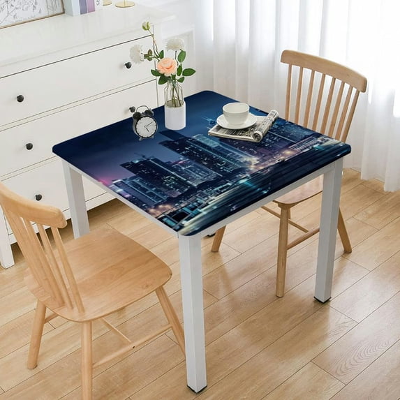 Landscape Tablecloth, China Hong Kong City View at Blue Night and Skyscapers Photo, Dining Room Kitchen Rectangular Table Cover, Navy Blue