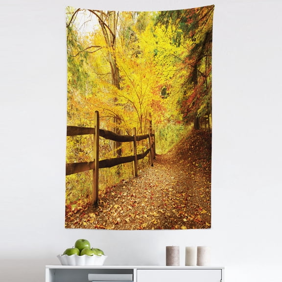 Landscape Tapestry, Autumn Season Fall Trees Leaves on Pathway to Forest with Fence Photo, Fabric Wall Hanging Decor for Bedroom Living Room Dorm, 5 Sizes, Ginger Yellow Marigold, by Ambesonne