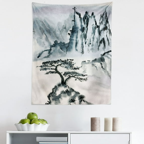 Landscape Tapestry, Chinese Mountain with Lonely Pine Tree Traditional Art Design, Fabric Wall Hanging Decor for Bedroom Living Room Dorm, 5 Sizes, Grey and Charcoal Grey, by Ambesonne