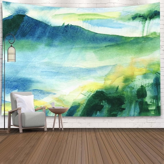 Landscape Tapestry - Colorful Mountain Watercolor Painting Outdoor Nature Rain Forest Green 60X40 - Present for Families
