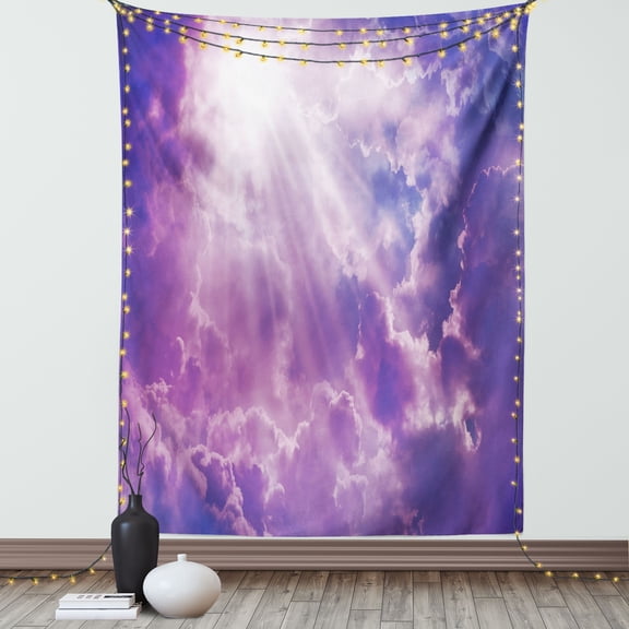 Landscape Tapestry, Dramatic Magical Sky with Sun and Heavy Clouds Majestic Sun Rays Picture, Wall Hanging for Bedroom Living Room Dorm Decor, 40W X 60L Inches, Purple and White, by Ambesonne