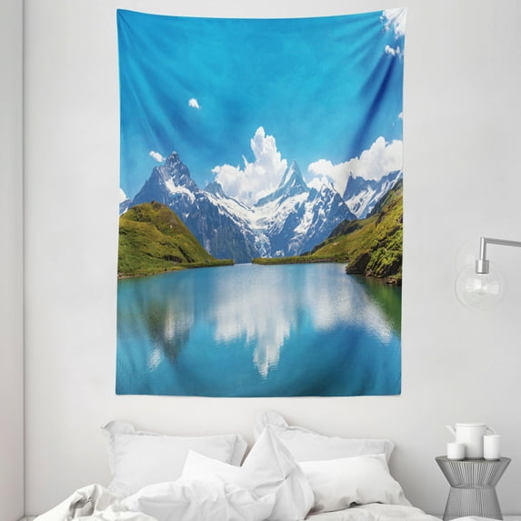 Landscape Tapestry, Dreamy View of Alpine Lake with Snow Frozen Peaks Swiss Northern Explore, Wall Hanging for Bedroom Living Room Dorm Decor, 60W X 80L Inches, Blue Green White, by Ambesonne