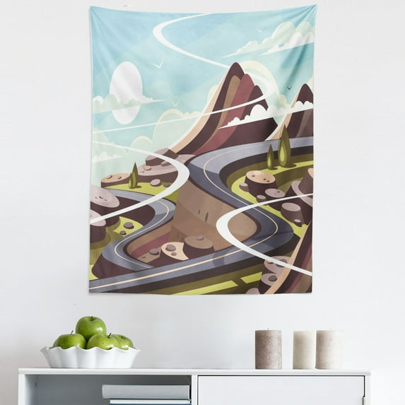 Landscape Tapestry, Mountain Road Serpentine Canyon Hills and Pastel Sky Cartoon Illustration, Fabric Wall Hanging Decor for Bedroom Living Room Dorm, 5 Sizes, Multicolor, by Ambesonne