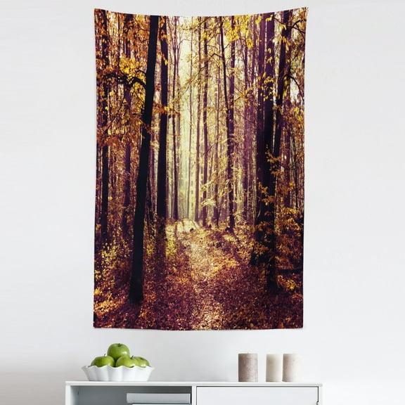 Landscape Tapestry, Mysterious Atmosphere Misty Woods Tree Nature Landscape Image, Fabric Wall Hanging Decor for Bedroom Living Room Dorm, 5 Sizes, Pale Yellow Dark Orange, by Ambesonne