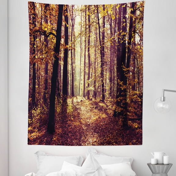 Landscape Tapestry, Mysterious Atmosphere Misty Woods Tree Nature Landscape Image, Fabric Wall Hanging Decor for Bedroom Living Room Dorm, 5 Sizes, Pale Yellow Dark Orange, by Ambesonne