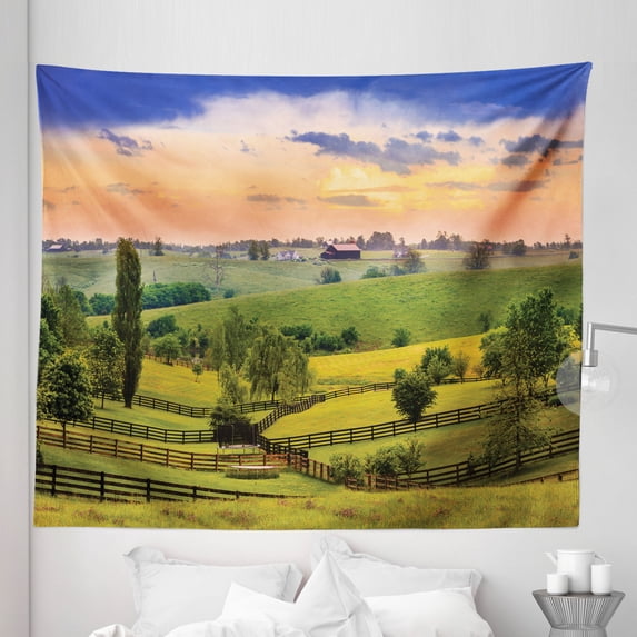 Landscape Tapestry, Picture of Rural Pastoral Meadows with Fences Surreal Countryside Image Print, Fabric Wall Hanging Decor for Bedroom Living Room Dorm, 5 Sizes, Green Blue Orange, by Ambesonne