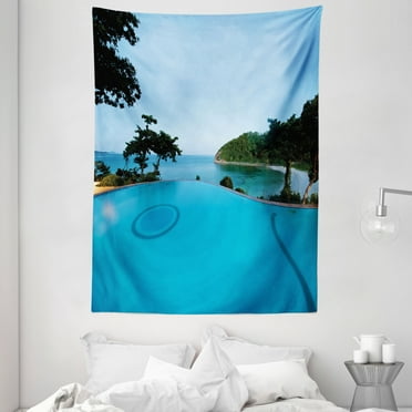 Landscape Tapestry, Pool View at Sunset Beach in Seacoast Ocean Vibrant Colors Adventure Photo, Wall Hanging for Bedroom Living Room Dorm Decor, 60W X 80L Inches, Turquoise Green, by Ambesonne