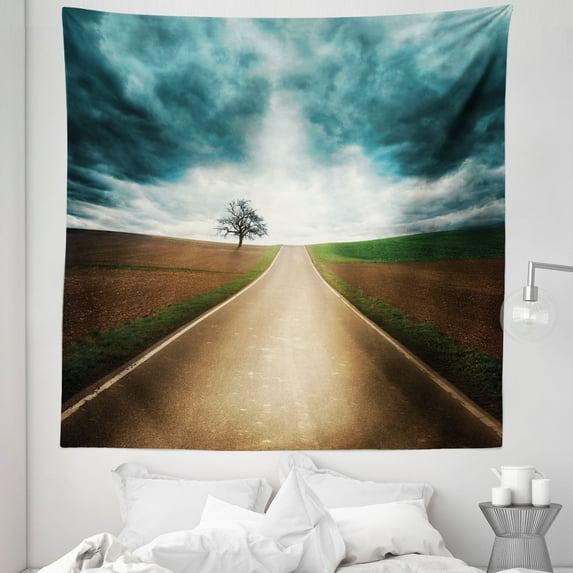 Landscape Tapestry, Road Through Empty Fields with Dramatic Sky and Dark Clouds Symmetric Art, Fabric Wall Hanging Decor for Bedroom Living Room Dorm, 5 Sizes, Brown Teal, by Ambesonne