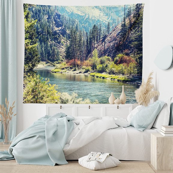 Landscape Tapestry, Scenic Mountain with Pine Trees and Flowing River Colorful Foliage Daytime Nature, Wide Wall Hanging for Bedroom Living Room Dorm, 80" X 60", Dark Blue