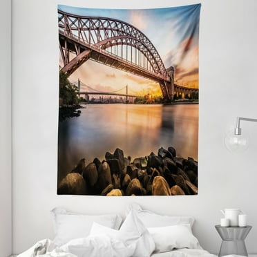 Landscape Tapestry, Sunset Evening View Picture Hell Gate and Triboro Bridge Astoria Queens America, Wall Hanging for Bedroom Living Room Dorm Decor, 60W X 80L Inches, Brown Blue, by Ambesonne