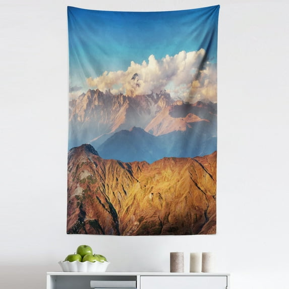 Landscape Tapestry, Svaneti Georgia Foggy Mountain Pass Highlands of Europe Outdoor Photography, Fabric Wall Hanging Decor for Bedroom Living Room Dorm, 5 Sizes, Brown Blue White, by Ambesonne