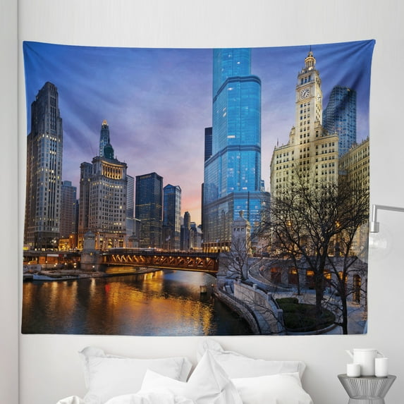 Landscape Tapestry, Usa Chicago Cityscape with Rivers Bridge and Skyscrapers Cosmopolitan City Image, Fabric Wall Hanging Decor for Bedroom Living Room Dorm, 5 Sizes, Multicolor, by Ambesonne