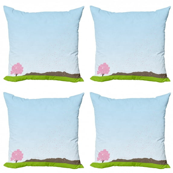 Landscape Throw Pillow Cushion Case Pack of 4, Pattern of Floating Cherry Blossoms Tree Open Pastel Sky Scene, Modern Accent Double-Sided Print, 4 Sizes, Blue Multicolor, by Ambesonne