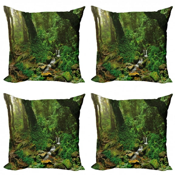 Ambesonne Nature Throw Pillow Cover 4 Pack, Rainforest Trees Nepal, 18", Green Brown