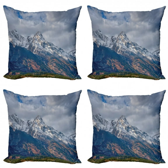 Landscape Throw Pillow Cushion Case Pack of 4, Snow-Capped Grand Teton Mountains Wyoming National Parks Photography Artwork, Modern Accent Double-Sided Print, 4 Sizes, Multicolor, by Ambesonne