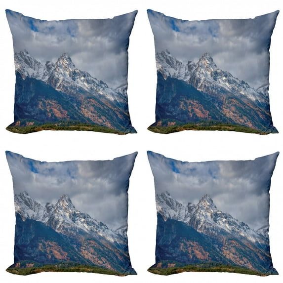 Landscape Throw Pillow Cushion Case Pack of 4, Snow-Capped Grand Teton Mountains Wyoming National Parks Photography Artwork, Modern Accent Double-Sided Print, 4 Sizes, Multicolor, by Ambesonne