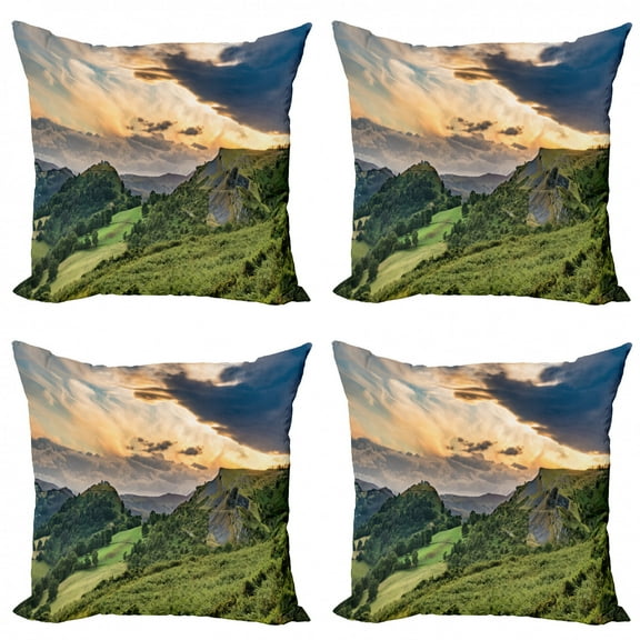Landscape Throw Pillow Cushion Case Pack of 4, Sunset Panoramic Picturesque of Dramatic Sky and Fresh Nature, Modern Accent Double-Sided Print, 4 Sizes, Multicolor, by Ambesonne