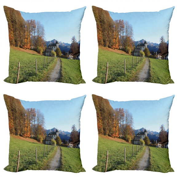 Landscape Throw Pillow Cushion Case Pack of 4, Threes Walkway to Castle in Nature Autumn in Mountains Countryside Forest Outdoor, Modern Accent Double-Sided Print, 4 Sizes, Multicolor, by Ambesonne
