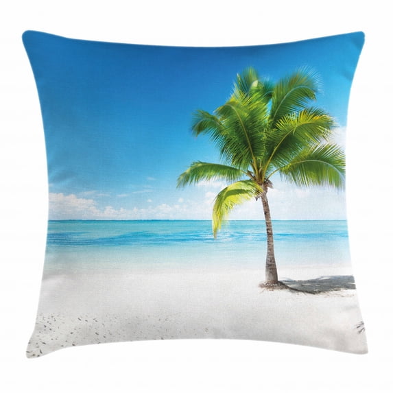 Landscape Throw Pillow Cushion Cover, Caribbean Maldives Beach Island Sea Ocean Palm Trees Artwork Print, Decorative Square Accent Pillow Case, 20 X 20 Inches, Sky Blue Green and White, by Ambesonne