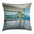 thumbnail image 1 of Landscape Throw Pillow Cushion Cover, Empty Apartment Home with Seascape and Forest View Photo Image, Decorative Square Accent Pillow Case, 16 X 16 Inches, Blue White and Forest Green, by Ambesonne, 1 of 2