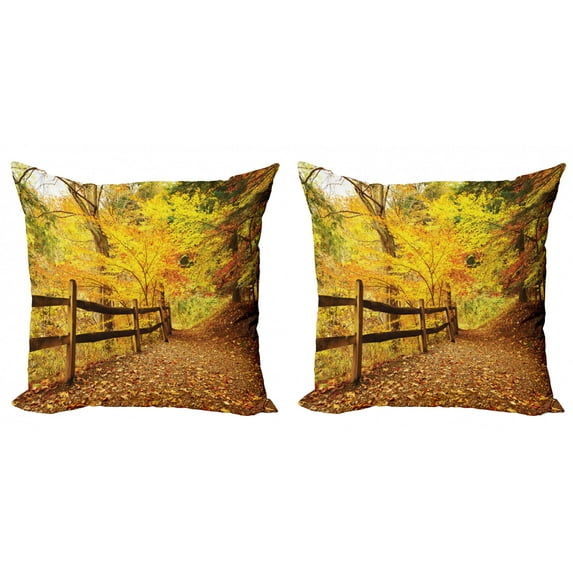 Ambesonne Landscape Throw Pillow Cover 2 Pack, Fall Trees Leaf Road, 24", Ginger Yellow Marigold