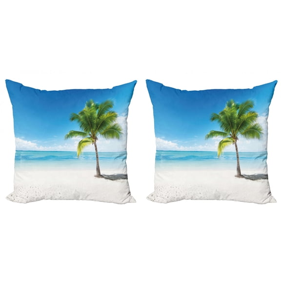 Ambesonne Landscape Throw Pillow Cover 2 Pack, Sea Ocean Palm Trees, 16", Sky Blue Green and White