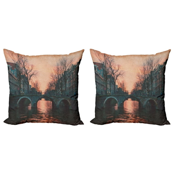 Ambesonne City Throw Pillow Cover 2 Pack, Amsterdam Vintage Bridge, 24", Pink Grey