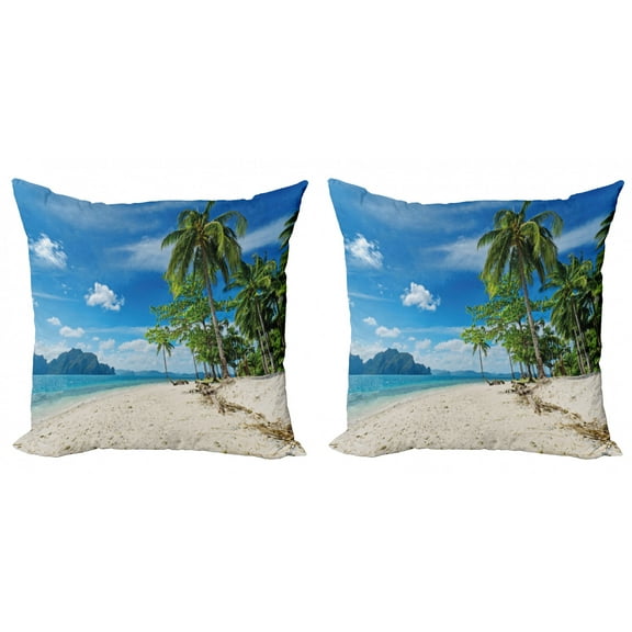 Ambesonne Landscape Throw Pillow Cover 2 Pack, Sea Palms Mountains, 16", Blue Cream Green