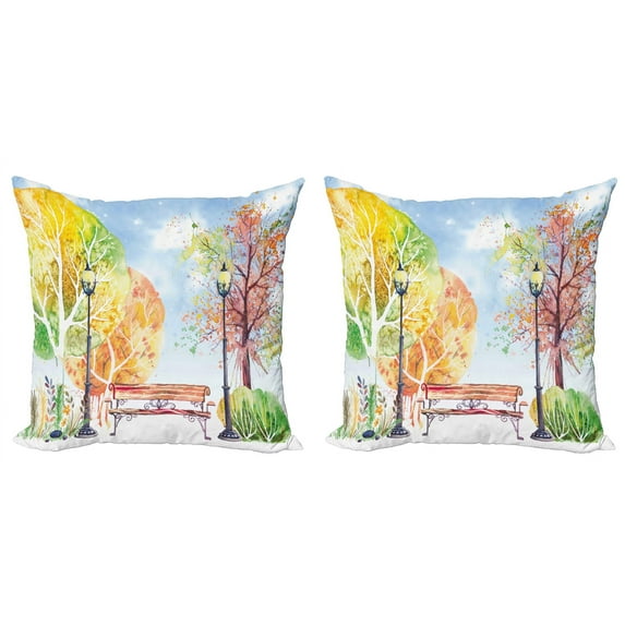Ambesonne Nature Throw Pillow Cover 2 Pack, Autumn Park Tree Watercolor, 18", Multicolor