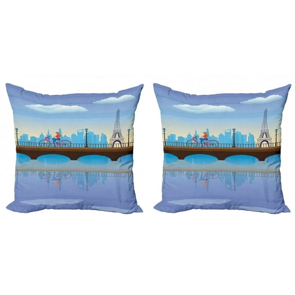 Ambesonne Paris Throw Pillow Cover 2 Pack, Eiffel Tower Cartoon Art, 20", Blue Brown