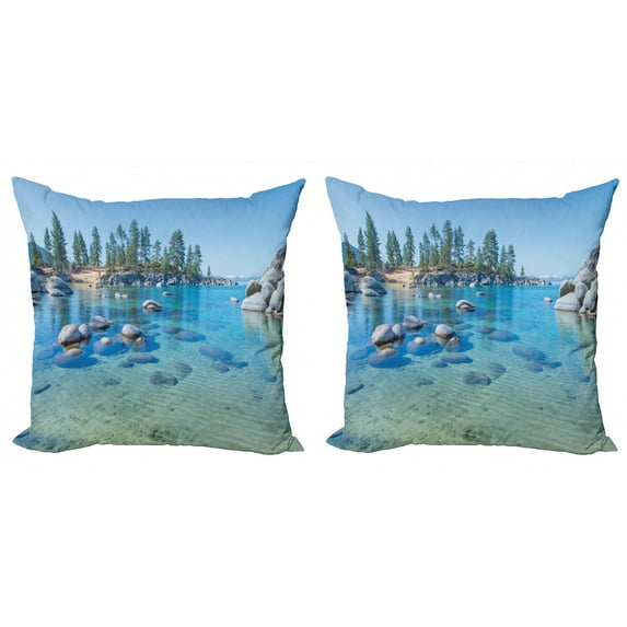 Ambesonne Landscape Throw Pillow Cover 2 Pack, Calm Still Water Rocks, 24", Blue Grey Green