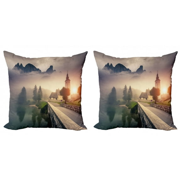 Ambesonne Landscape Throw Pillow Cover 2 Pack, Foggy Morning Scenery, 24", Beige Grey