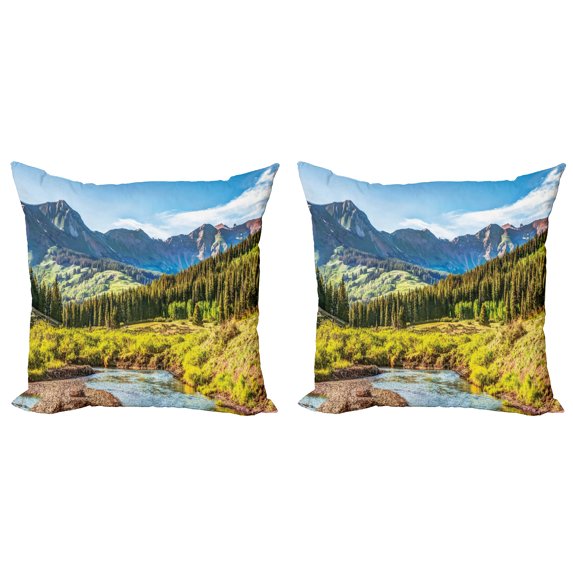 Ambesonne Landscape Throw Pillow Cover 2 Pack, Mountain Forest River, 24", Multicolor