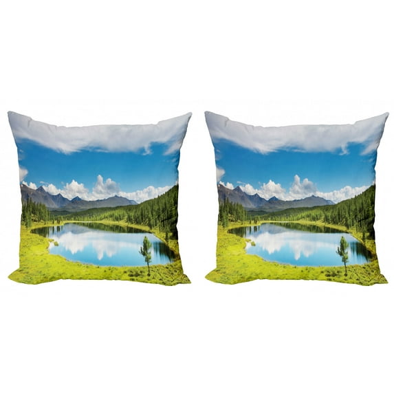 Ambesonne Nature Throw Pillow Cover 2 Pack, Sky Mountain Landscape, 20", Green Blue White