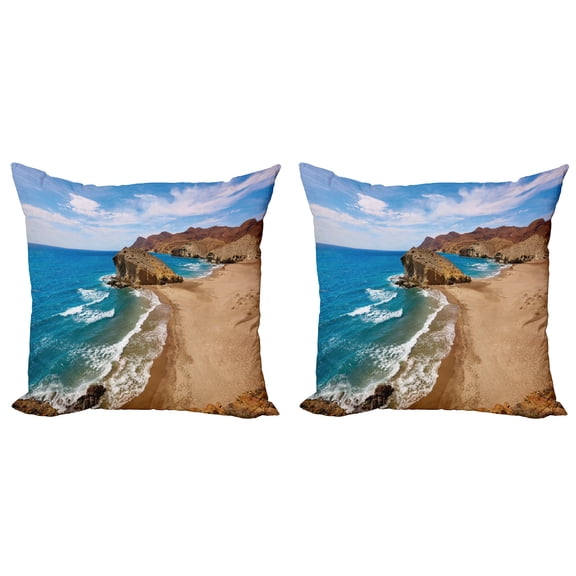 Ambesonne Landscape Throw Pillow Cover 2 Pack, Summer Beach Spain, 18", Blue Brown