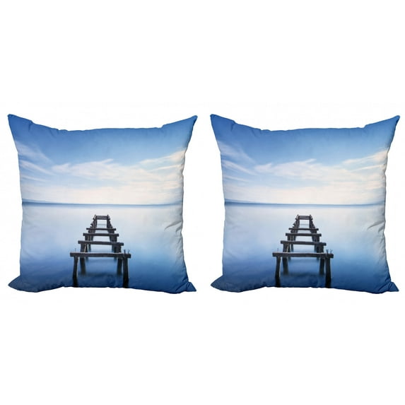 Ambesonne Nautical Throw Pillow Cover 2 Pack, Old Jetty Blue Sky, 20", Blue White Brown