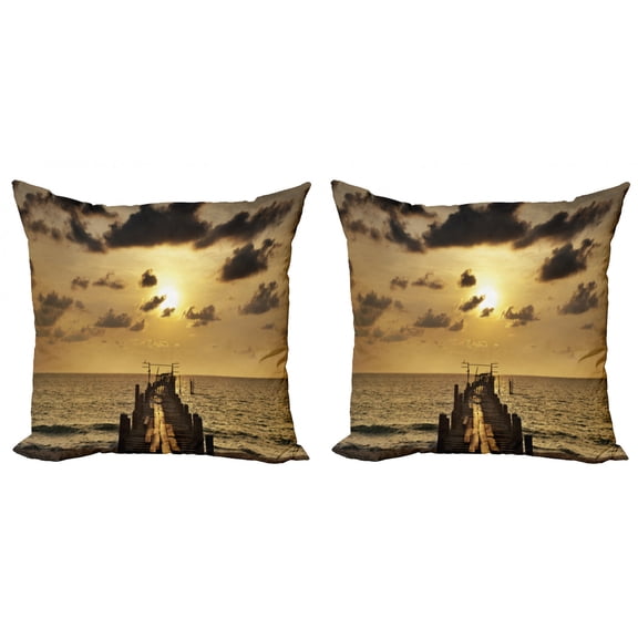 Ambesonne Nautical Throw Pillow Cover 2 Pack, Old Wood Deck Sunset, 24", Yellow Grey