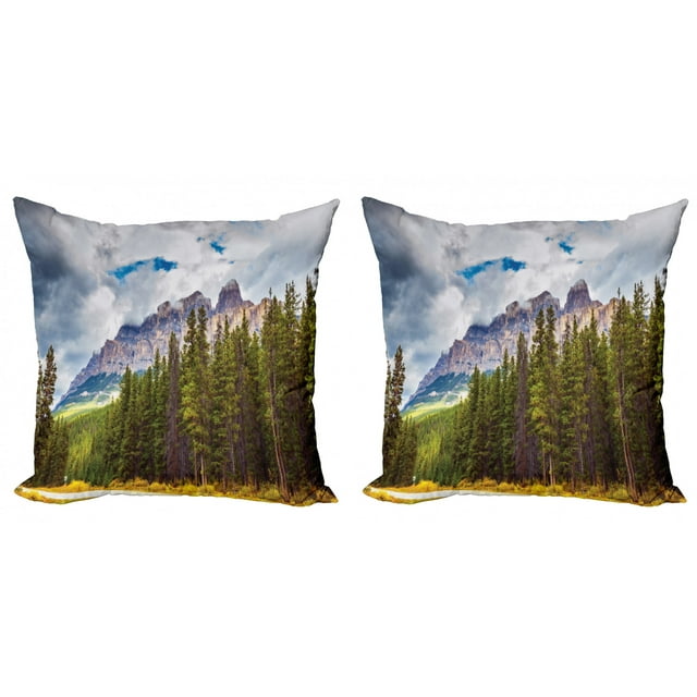 Landscape Throw Pillow Cushion Cover Pack of 2, Rocky Mountains Majestic Look Canada Evergreen Aspen Trees Autumn Nature Outdoor, Zippered Double-Side Digital Print, 4 Sizes, Multicolor, by Ambesonne