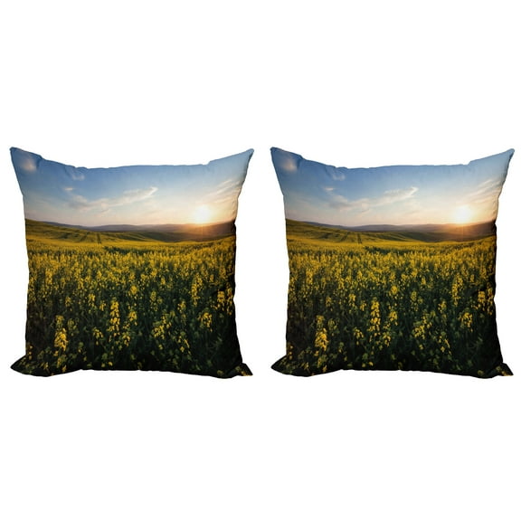 Ambesonne Landscape Throw Pillow Cover 2 Pack, Sunset Flower Field, 16", Yellow Green Blue