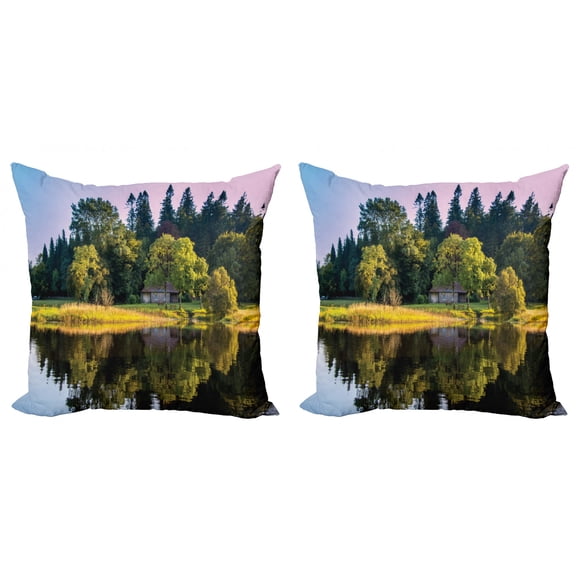 Landscape Throw Pillow Cushion Cover Pack of 2, Small Countryside House in Woods with Reflection on Pond Pastel Vivid Sky Photo, Zippered Double-Side Digital Print, 4 Sizes, Multicolor, by Ambesonne