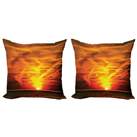 Ambesonne Orange Throw Pillow Cover 2 Pack, Sunset over Horizon Sea, 16", Orange