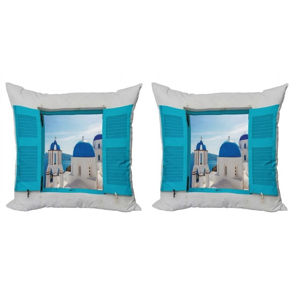 Ambesonne Landscape Throw Pillow Cover 2 Pack, Greece Oia Building, 24", Aqua Blue White