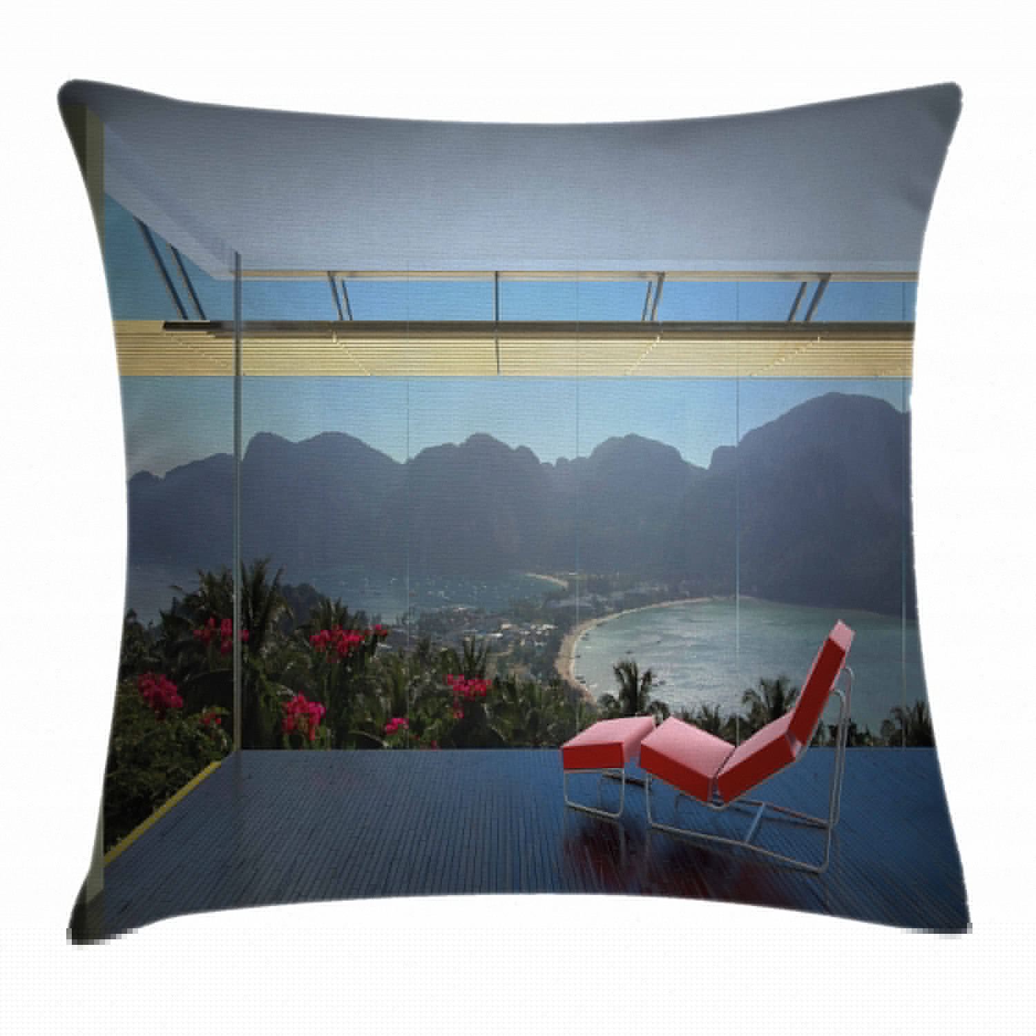 thumbnail image 1 of Landscape Throw Pillow Cushion Cover, Tropical Island Flowers Forest Mountains Beach Window View, Decorative Square Accent Pillow Case, 16 X 16 Inches, Red Charcoal Grey Blue and Green, by Ambesonne, 1 of 2