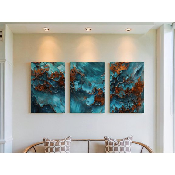 Landscape Turquoise And Copper Horizon Triptych Weathered Patina Rustic Metal Gallery Set For Decorative Wall Art Poster, , Poster Only