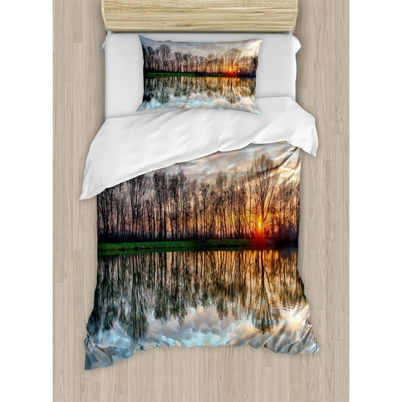 Landscape Twin Size Duvet Cover Set, Magical Lake Sunset with the Mirroring Crystal Water and Horizon over Forest Boho, Decorative 2 Piece Bedding Set with 1 Pillow Sham, Multicolor, by Ambesonne