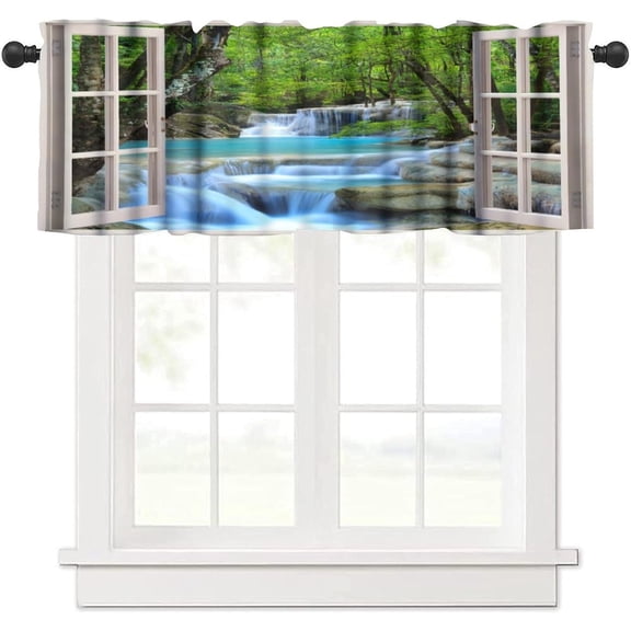Landscape Valances Curtains for Windows,Nature 3D Scenery View Waterfall Forest Lake Tree Nature Scape Drapes Valance for Kitchen Bedroom Living Room,54x18 Inch