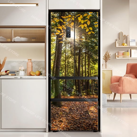 Landscape View of Arched Door Mural Refrigerator Wrapping Wallpaper Self-adhesive Forest Jungle Animal Fridge Door Art Sticker